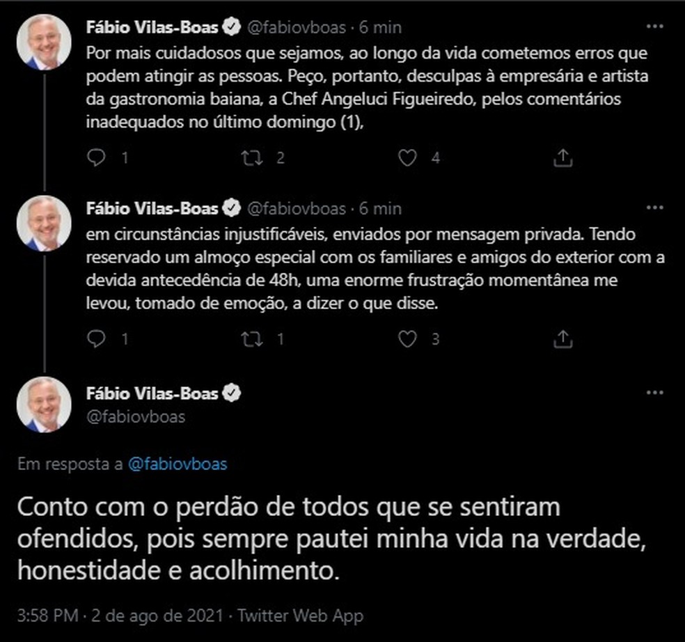 Secret&aacute;rio de sa&uacute;de xinga chef de cozinha ap&oacute;s ter reserva cancelada por quest&otilde;es clim&aacute;ticas &mdash; Foto: Reprodu&ccedil;&atilde;o / Redes Sociais